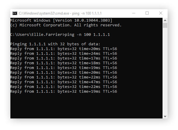  Typing "ping -n 100 1.1.1.1" into cmd to test for packet loss on Windows 10.