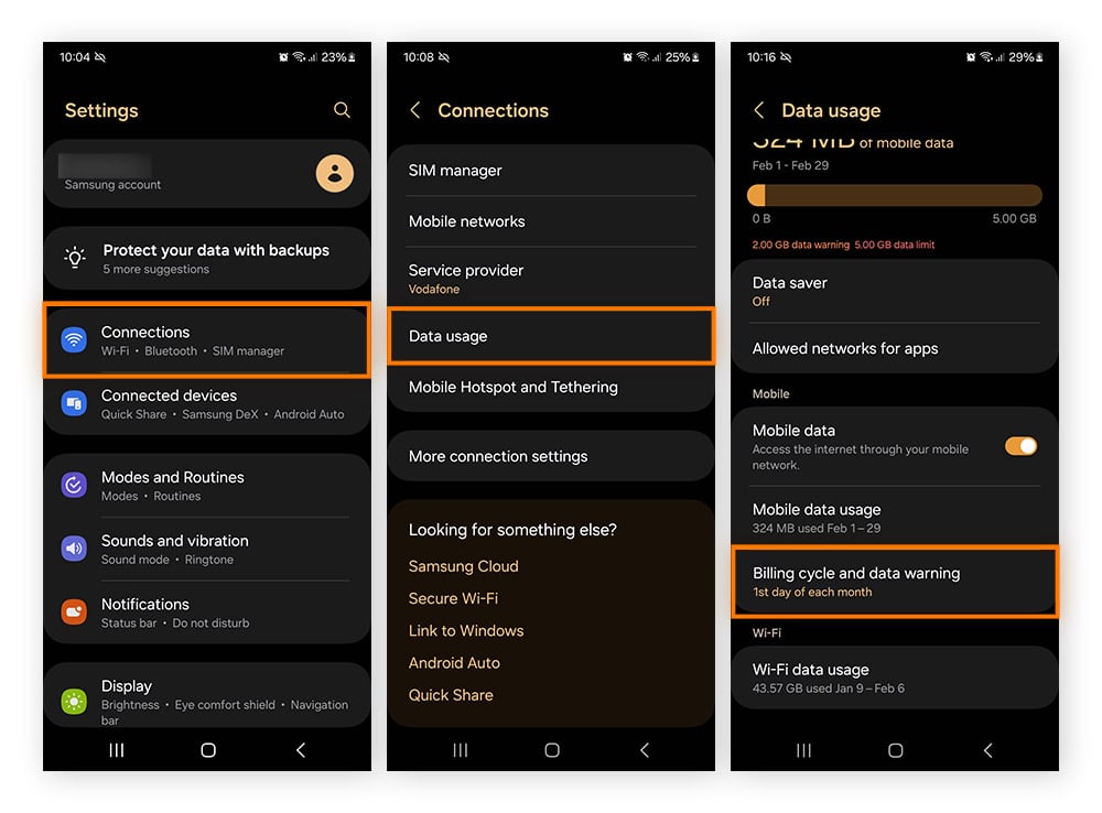 Screenshots showing how to navigate to the Data usage menu in Android Settings.