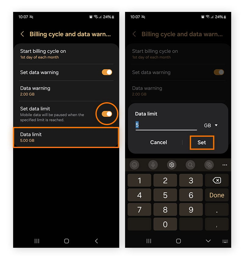  Capturas de pantalla sobre cómo establecer un límite de datos en el menú Ajustes de Android.