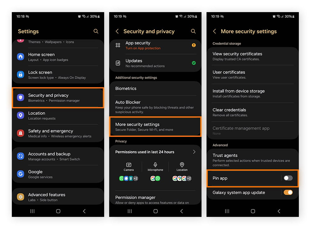 Screenshots showing how to navigate to advanced security settings via Android Settings.