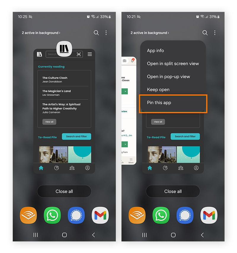 Fixar um aplicativo para evitar a navegação em outros aplicativos em um celular Android.