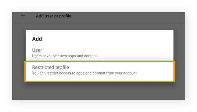 Pop up window with options to add a regular user or a user with a Restricted profile.