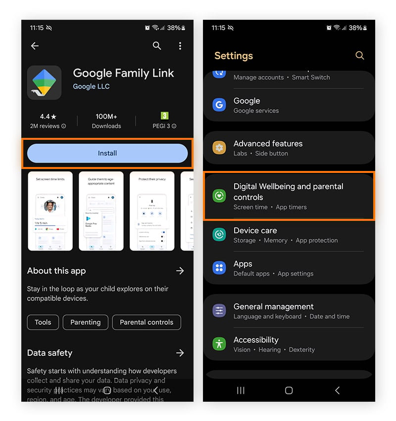Instalación de Google Family Link en el dispositivo de un adulto y acceso posterior a la opción Bienestar digital y controles parentales en el dispositivo del menor.