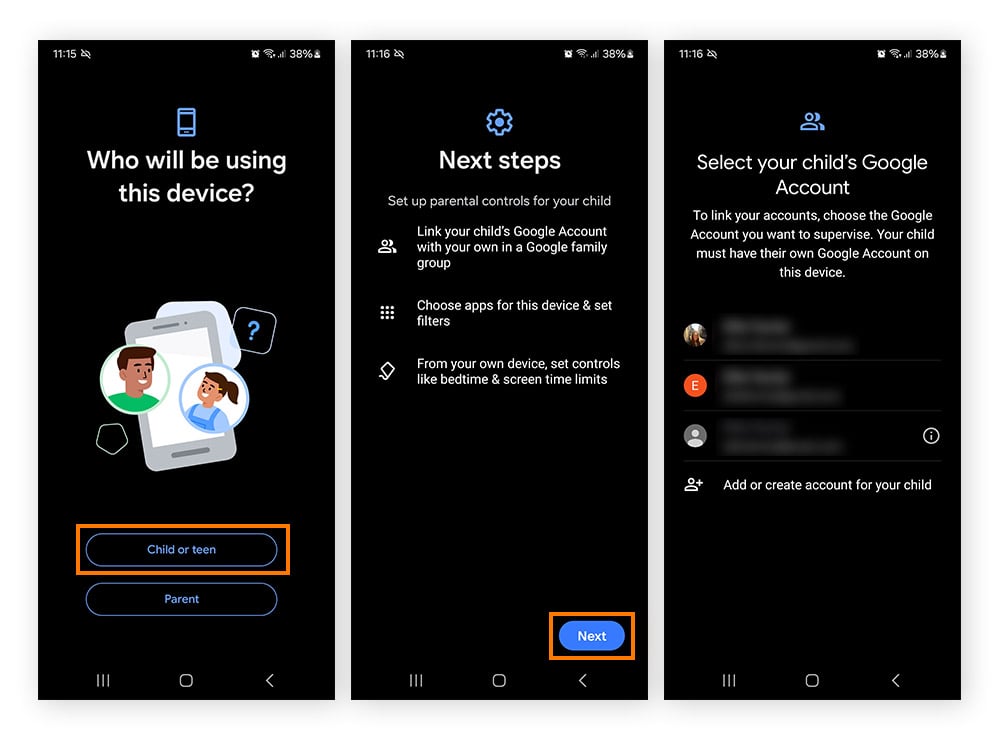 Screenshots, die die Einrichtung der Kindersicherung über Family Link auf einem Android-Gerät zeigen.