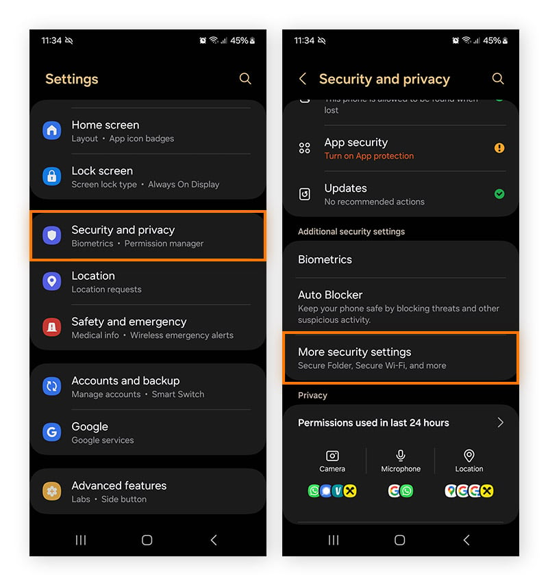 Navigating to More security settings via the Android Settings menu.