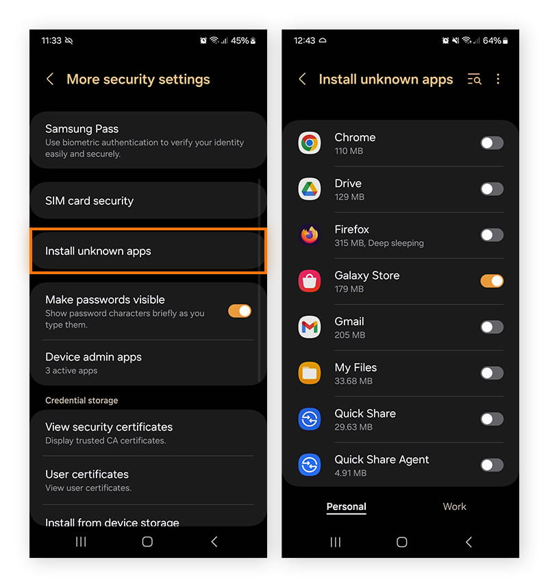 Preventing unknown app installation on Android by toggling off all third-party app permissions.