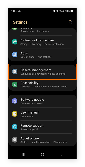 Accessing the General management settings menu within Android Settings.