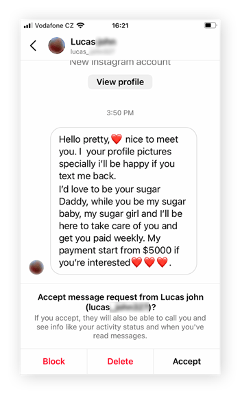 Another sugar daddy scam example on Instagram