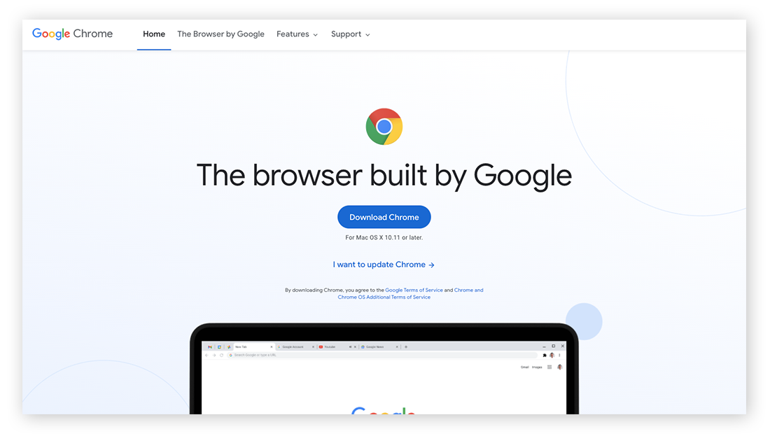 The Google Chrome browser homepage.