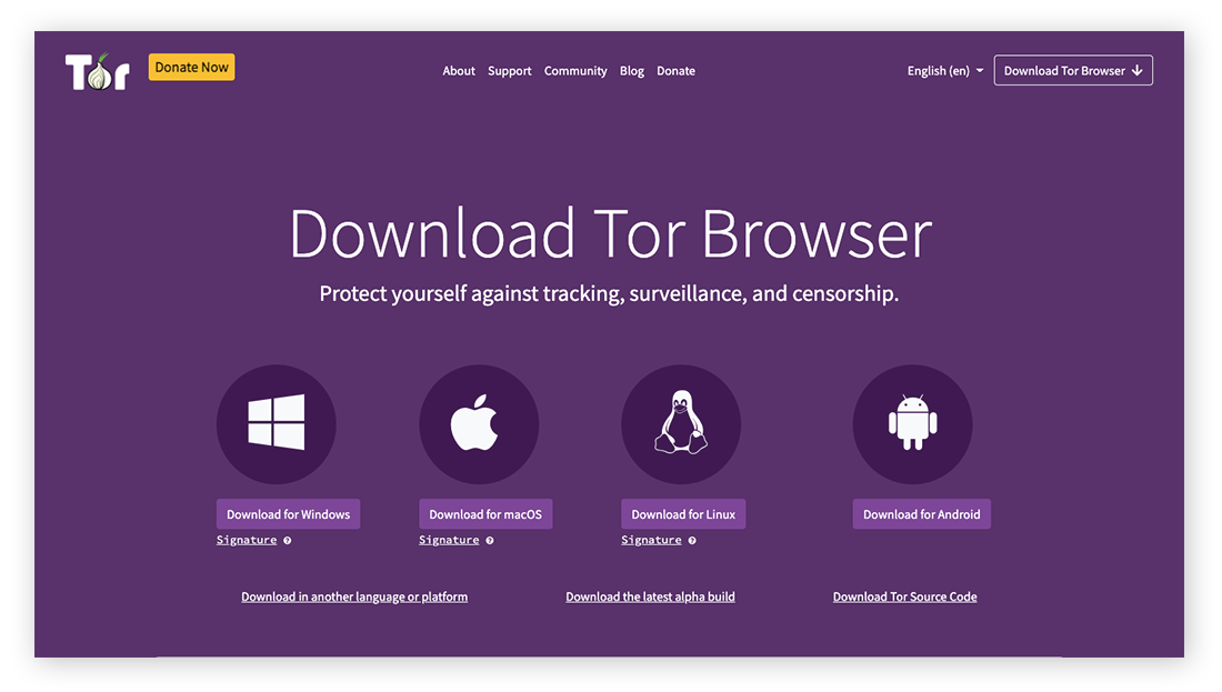 La página principal del navegador Tor.