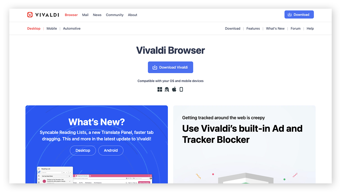The Vivaldi Browser homepage.