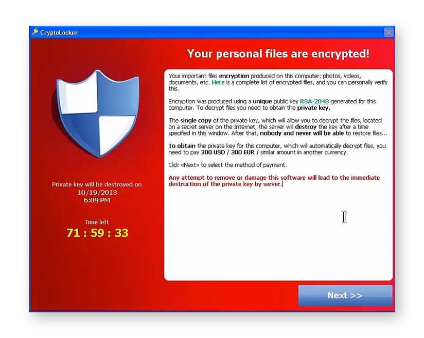 A cryptolocker ransom note demanding bitcoin to decrypt files encrypted by ransomware.
