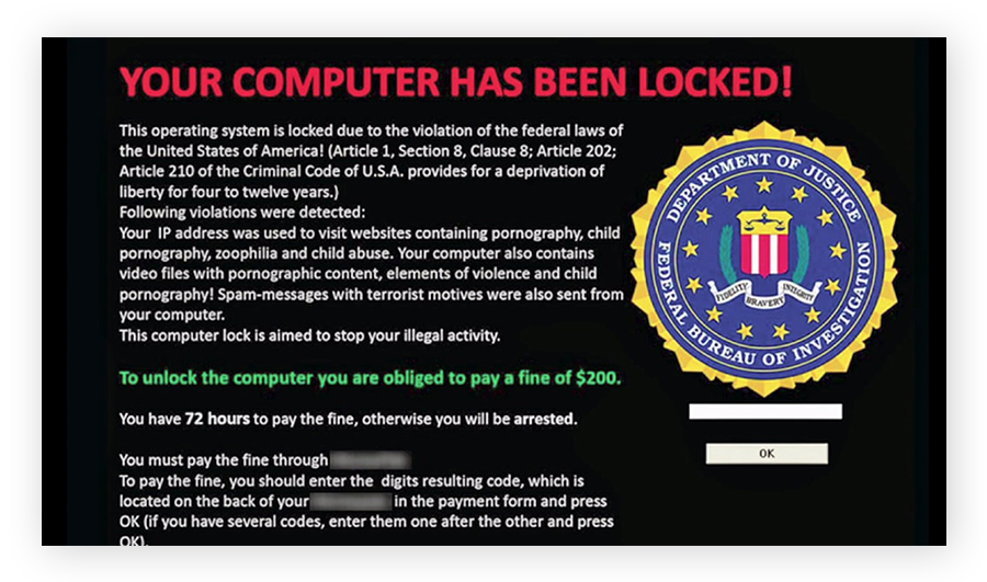 A ransomware screenlocker imitating the FBI.
