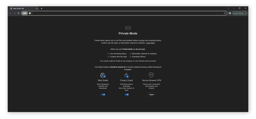 Capture d’écran de la page d’accueil d’Avast Secure Browser en mode privé