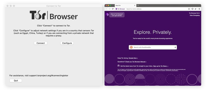 The Tor Browser welcome screen with options to configure or connect to the Tor network.