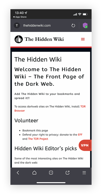 Accès à The Hidden Wiki, le Wikipedia non officiel du dark web, via le navigateur Tor.