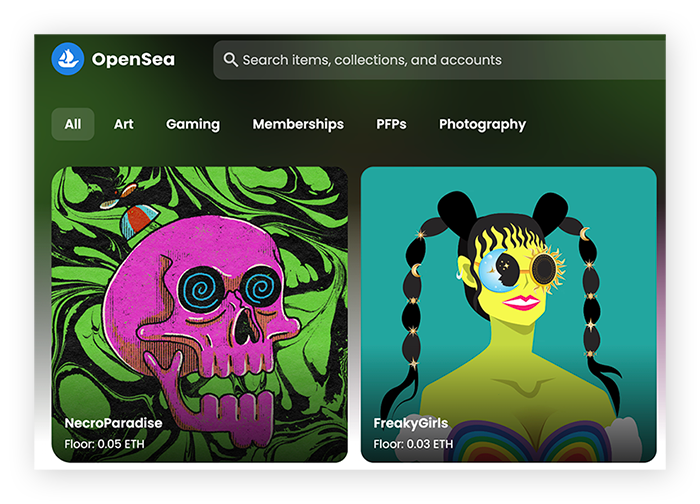 The OpenSea homepage with a rotating slideshow of NFTs for sale.
