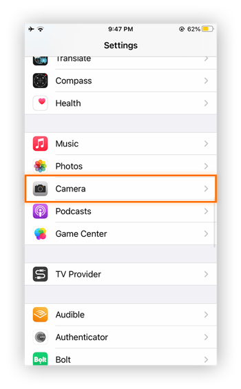 A view of iPhone's settings, with Camera circled.