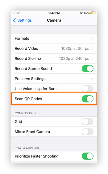 A view of the camera settings in iPhone, with "Scan QR code" toggle circled.