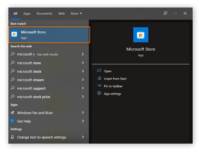 Una vista del icono de la Microsoft Store en el menú de inicio de Windows