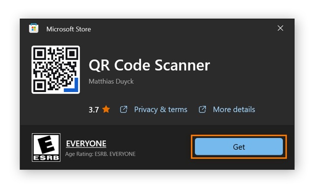 Vue du portail de téléchargement de QR Code Scanner dans le Microsoft Store, avec le bouton « Obtenir » entouré.