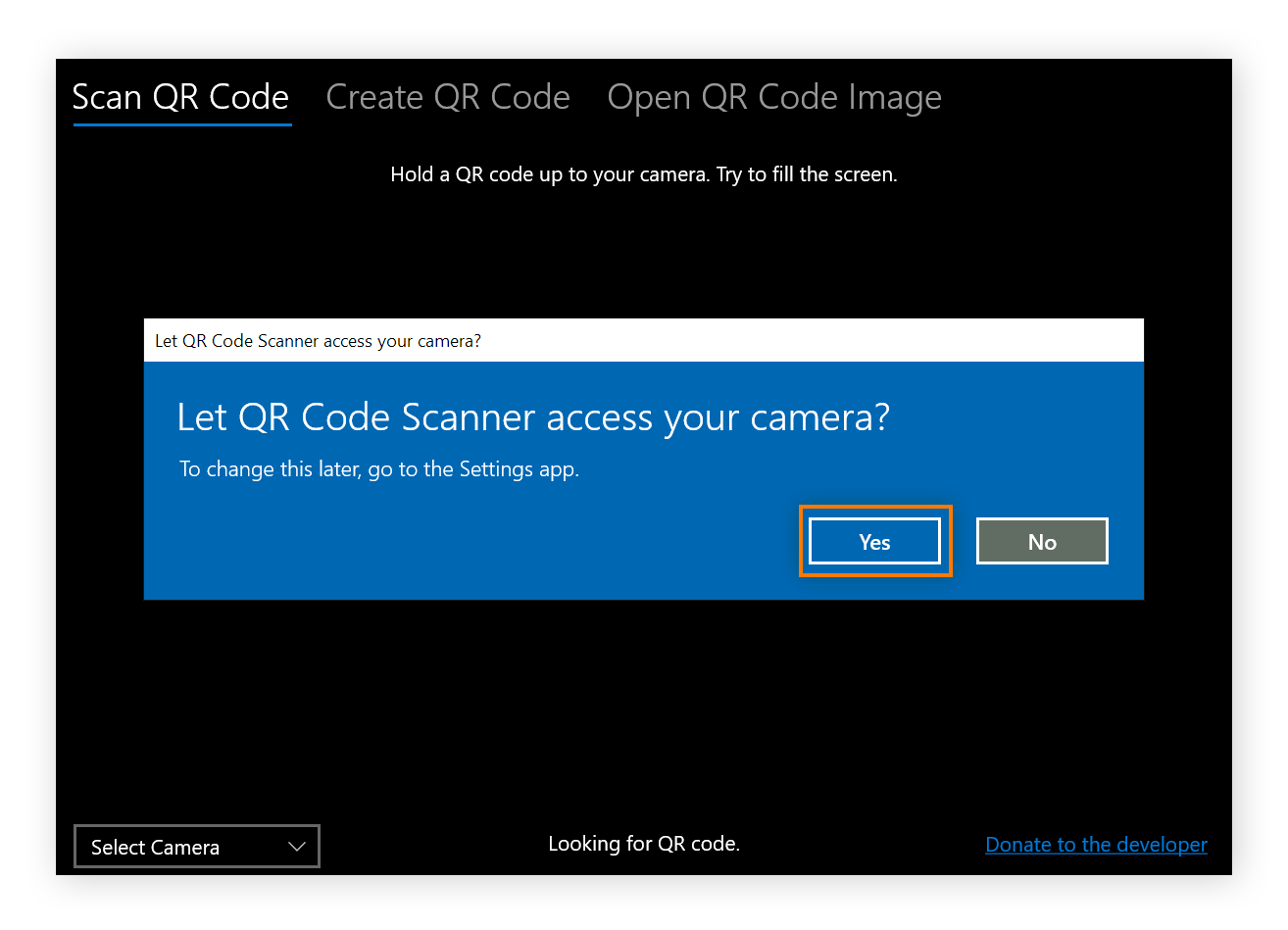 QR code scanner is open on PC. A pop-up says "Let QR code scanner use your camera?" and the button Yes is circled.