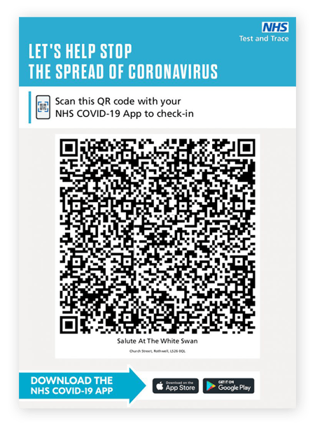 Ejemplo de código QR aleatorio, un folleto que registra al usuario en un determinado local para que su estado de COVID pueda ser vinculado al local en el momento de su visita.