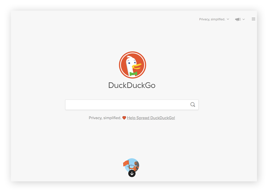 La página de inicio del motor de búsqueda de la web oscura DuckDuckGo.