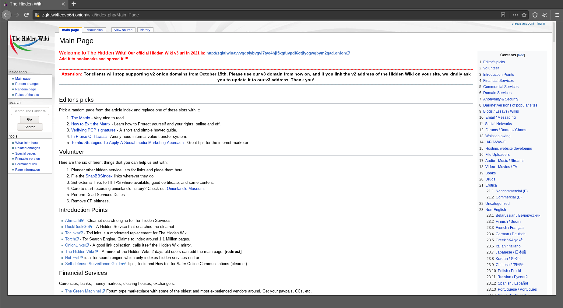 A página principal da versão da Wikipedia na dark web, conhecida como The Hidden Wiki.