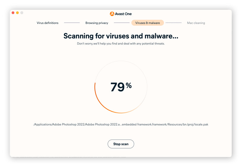 Scanning for viruses and malware with Avast One.