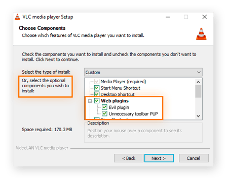 VLC media player set up with installation components listed.