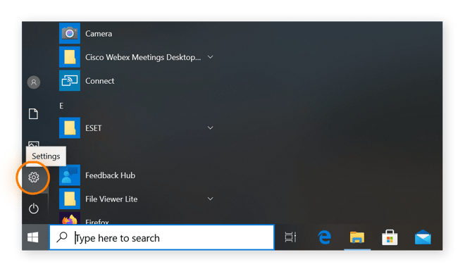 Windows start menu with Settings selected.