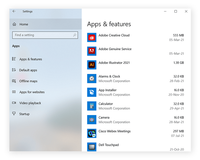 Windows-Menü „Apps und Features“ mit der Liste der installierten Apps.