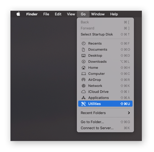 Finder-Fenster auf einem Mac mit ausgewähltem „Dienstprogramme“ aus dem Menü „Gehe zu“.