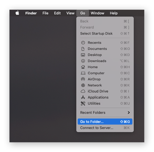 Finder-Fenster auf einem Mac mit ausgewähltem „Gehe zu Ordner“ aus dem Menü „Gehe zu“.
