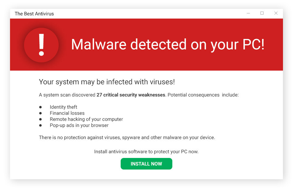 An example of scareware, which aims to scare you into downloading fake antivirus software.