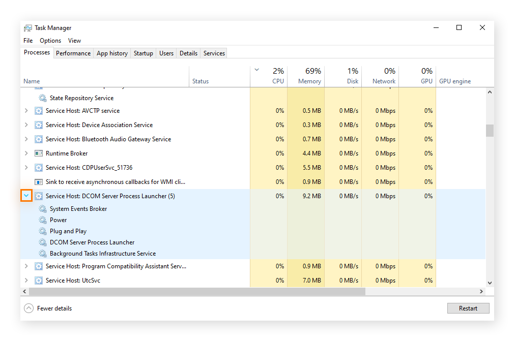 Clic sur la flèche à gauche de « Hôte de service : DCOM Server Process Launcher » dans le Gestionnaire des tâches de Windows.