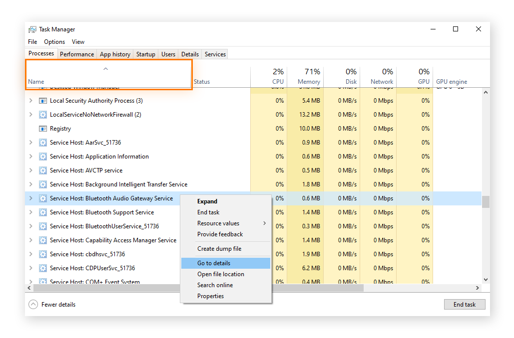 Sorting by name and right-clicking for more details on Service Host files in Windows 10 Task Manager.