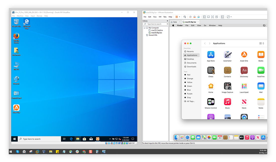 Máquinas virtuais Windows e Mac rodando lado a lado em janelas separadas em um PC com Windows.