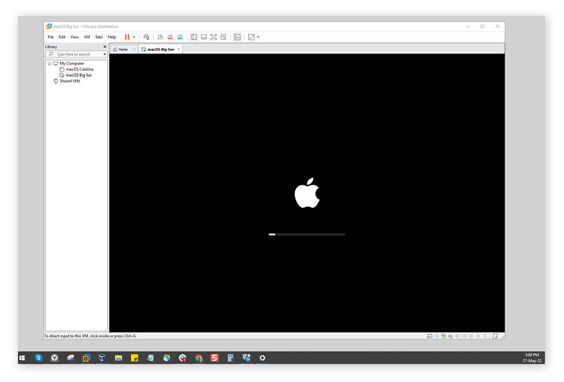 A Mac virtual machine loading slowly on a Windows PC.