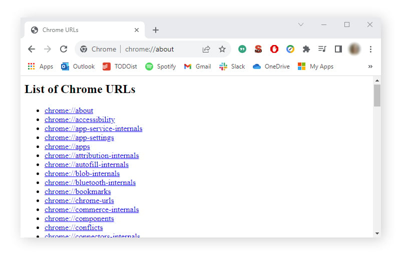 An example of the about:about webpage showing a list of Chrome URLs