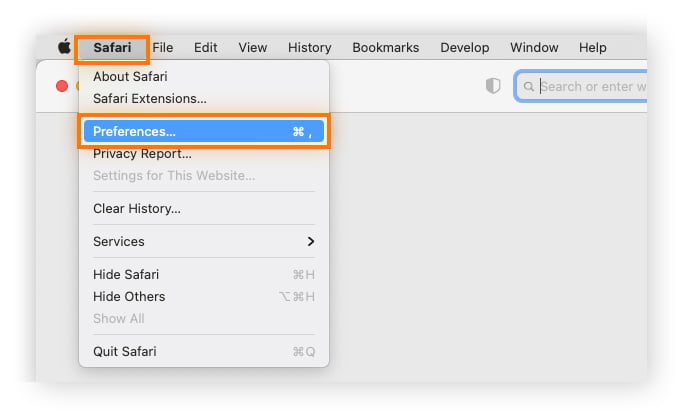 Opening Safari Preferences on a Mac.