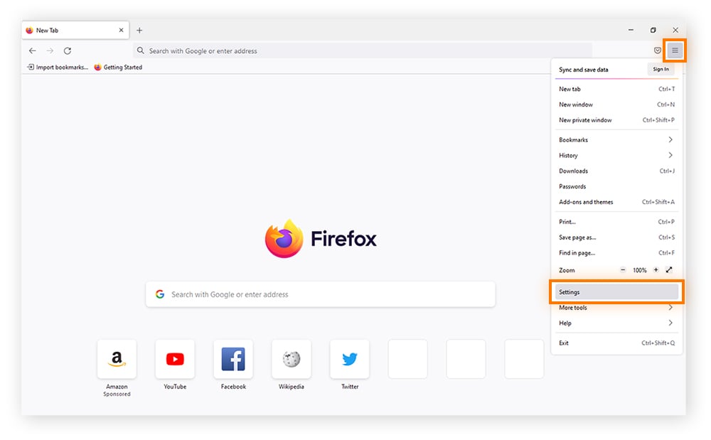 Opening Settings in Mozilla Firefox.