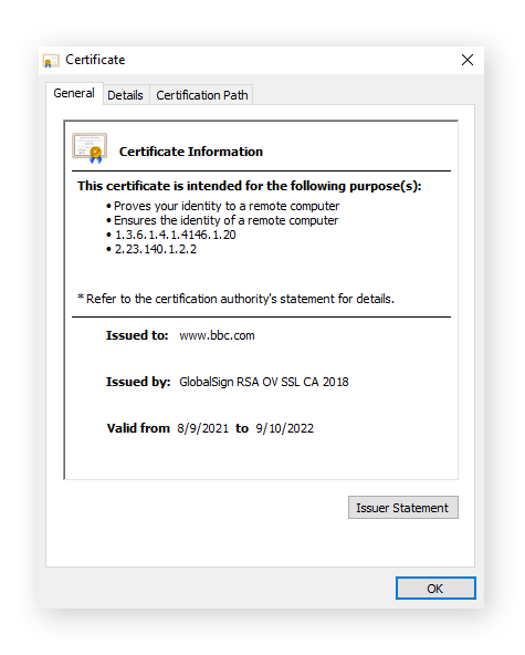 Pestaña General de un certificado SSL.