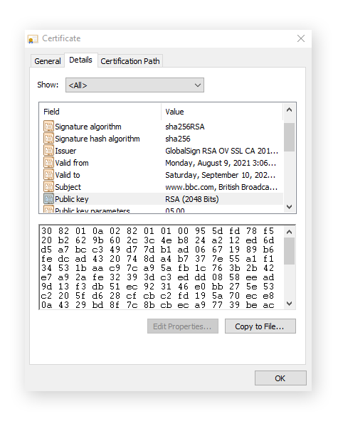 Pestaña Detalles de un certificado SSL.