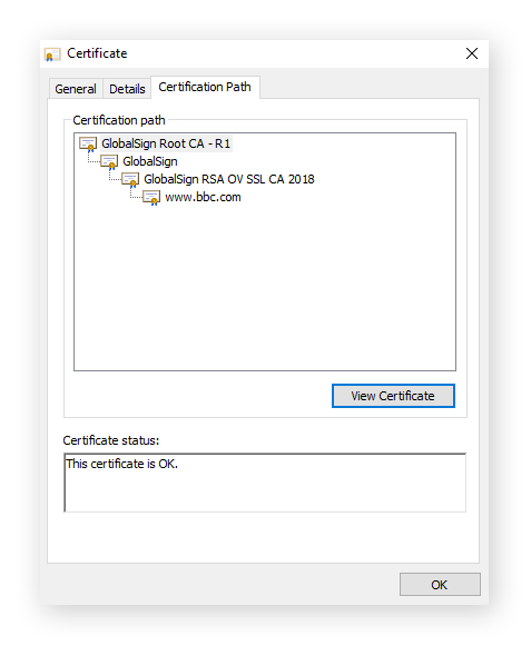Vérification du chemin d’accès de certification d’un certificat SSL.