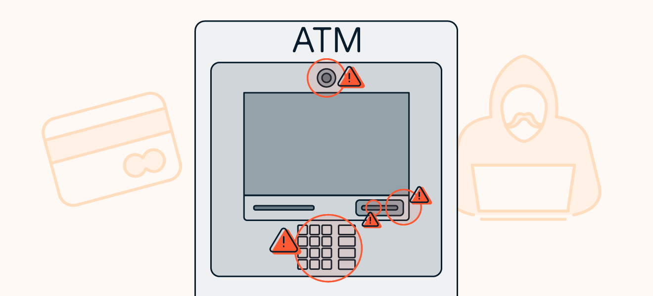 Los dispositivos de skimming para cajeros automáticos pueden ser cámaras ocultas, superposiciones de teclados, skimmers de tarjetas de crédito o shimmers.
