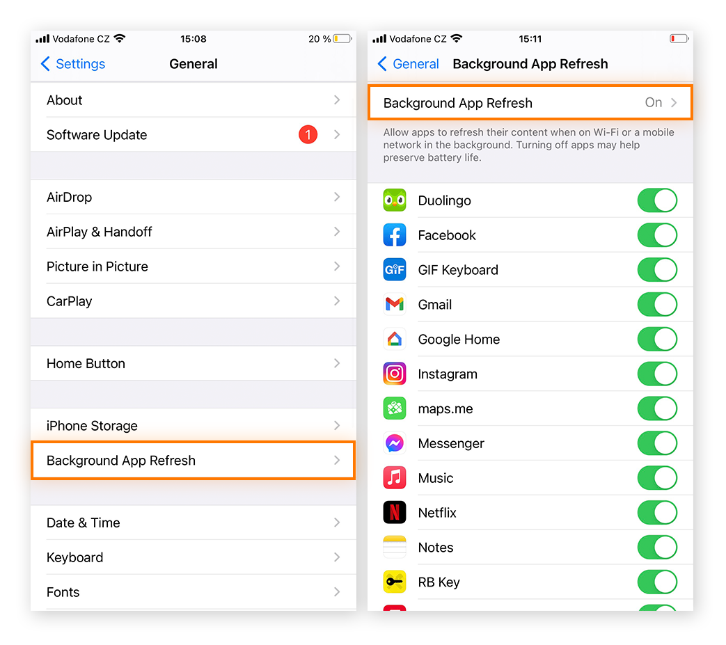 Administre la actualización de aplicaciones en segundo plano aplicación por aplicación al tocar la opción Actualización de aplicaciones en segundo plano en iPhone.