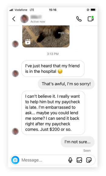 Exemplo de um catfisher pedindo dinheiro depois de ganhar a confiança da vítima.