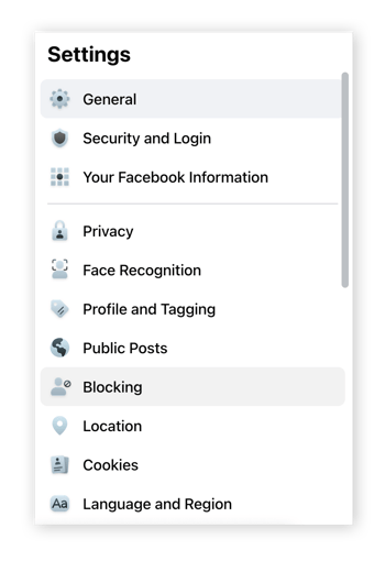 Vá para a seção Bloqueio do Facebook para encontrar opções para bloquear um perseguidor digital.